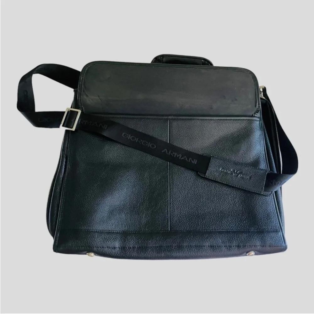 GIORGIO ARMANI BLACK Briefcase Computer Travel Fine Saffiano Leather Bag